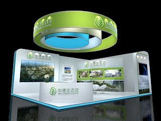 80平米展臺設計制作：二面開口/現(xiàn)代/木質(zhì)結構/綠色，為旅游展展商而作（免費使用）