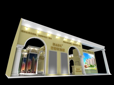 160.5平米展臺(tái)設(shè)計(jì)制作：二面開口/歐式/木質(zhì)結(jié)構(gòu)/米色，為建材展展商而作（免費(fèi)使用）