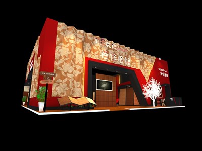 240平米展臺設(shè)計制作：三面開口/現(xiàn)代/木質(zhì)結(jié)構(gòu)/紅色，為建材展展商而作（免費使用）