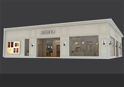341.2平米展臺設(shè)計制作：二面開口/歐式/木質(zhì)結(jié)構(gòu)/米色，為建材展展商而作（免費使用）