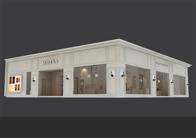 341.2平米展臺設(shè)計制作：二面開口/歐式/木質(zhì)結(jié)構(gòu)/米色，為建材展展商而作（免費使用）