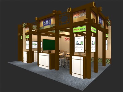 48平米展臺設(shè)計制作：二面開口/中式/木質(zhì)結(jié)構(gòu)/咖啡色，為建材展展商而作（免費使用）