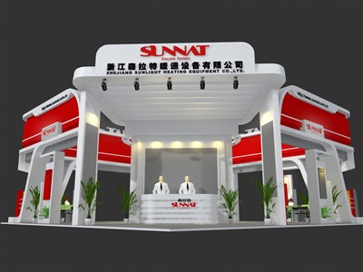 144平米展臺設(shè)計制作：四面開口/現(xiàn)代/木質(zhì)結(jié)構(gòu)/紅色，為建材展展商而作（免費使用）