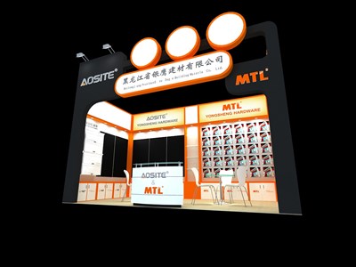 18平米展臺設計制作：一面開口/現(xiàn)代/木質(zhì)結(jié)構(gòu)/黑色，為建材展展商而作（免費使用）