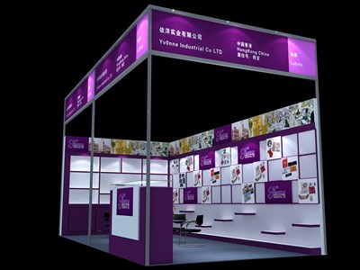 18平米展臺設(shè)計制作：二面開口/現(xiàn)代/型材結(jié)構(gòu)/紫色，為綜合展展商而作（免費使用）