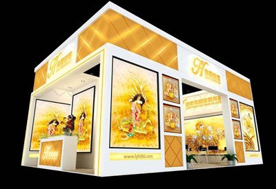 54平米展臺設(shè)計制作：二面開口/現(xiàn)代/木質(zhì)結(jié)構(gòu)/黃色，為建材展展商而作（免費使用）