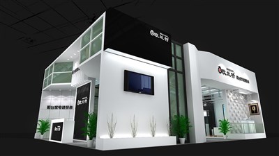 108平米展臺(tái)設(shè)計(jì)制作：二面開口/現(xiàn)代/木質(zhì)結(jié)構(gòu)/灰色，為建材展展商而作（免費(fèi)使用）