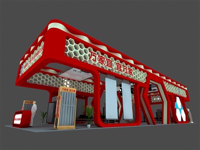 200平米展臺設(shè)計制作：四面開口/現(xiàn)代/木質(zhì)結(jié)構(gòu)/紅色，為建材展展商而作（免費使用）