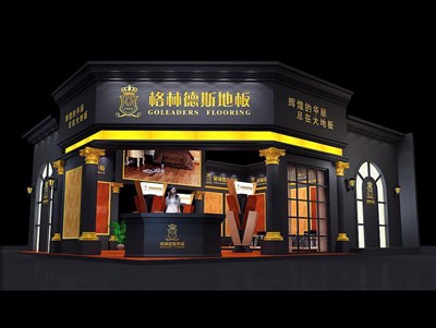 115平米展臺設(shè)計(jì)制作：二面開口/歐式/木質(zhì)結(jié)構(gòu)/黑色，為建材展展商而作（免費(fèi)使用）