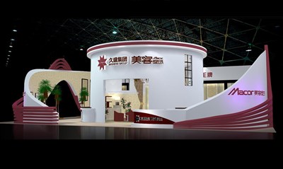 270平米展臺(tái)設(shè)計(jì)制作：三面開口/現(xiàn)代/木質(zhì)結(jié)構(gòu)/白色，為建材展展商而作（免費(fèi)使用）