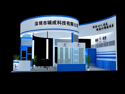 54平米展臺(tái)設(shè)計(jì)制作：三面開(kāi)口/現(xiàn)代/木質(zhì)結(jié)構(gòu)/藍(lán)色，為建材展展商而作（免費(fèi)使用）