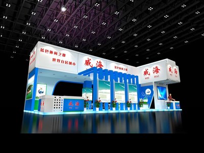 90平米展臺設計制作：三面開口/現(xiàn)代/木質結構/藍色，為建材展展商而作（免費使用）