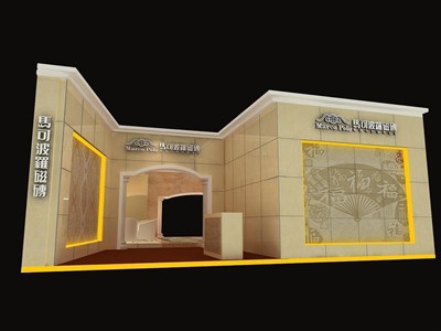 140平米展臺設計制作：一面開口/現代/木質結構/米色，為建材展展商而作（免費使用）
