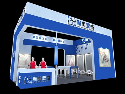 54平米展臺設計制作：三面開口/現(xiàn)代/木質(zhì)結(jié)構(gòu)/藍色，為建材展展商而作（免費使用）