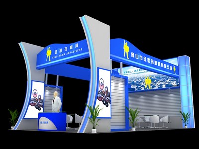 54平米展臺設計制作：三面開口/現(xiàn)代/木質(zhì)結(jié)構(gòu)/藍色，為建材展展商而作（免費使用）