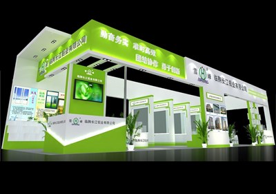 80平米展臺(tái)設(shè)計(jì)制作：四面開口/現(xiàn)代/木質(zhì)結(jié)構(gòu)/綠色，為建材展展商而作（免費(fèi)使用）