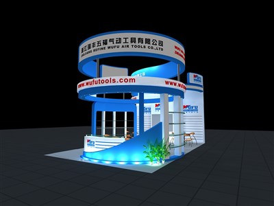 54平米展臺設(shè)計制作：三面開口/現(xiàn)代/木質(zhì)結(jié)構(gòu)/藍(lán)色，為建材展展商而作（免費使用）