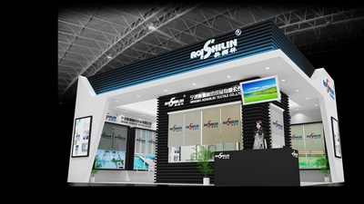 63平米展臺設(shè)計(jì)制作：二面開口/現(xiàn)代/木質(zhì)結(jié)構(gòu)/黑色，為建材展展商而作（免費(fèi)使用）