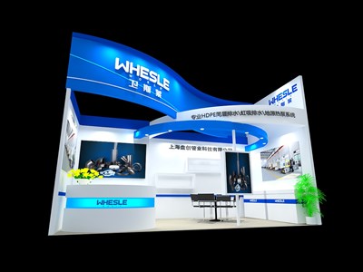 18平米展臺設(shè)計制作：一面開口/現(xiàn)代/木質(zhì)結(jié)構(gòu)/藍(lán)色，為建材展展商而作（免費使用）