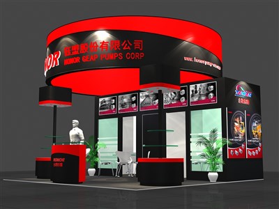 36平米展臺設計制作：三面開口/現代/木質結構/紅色，為電子展展商而作（免費使用）
