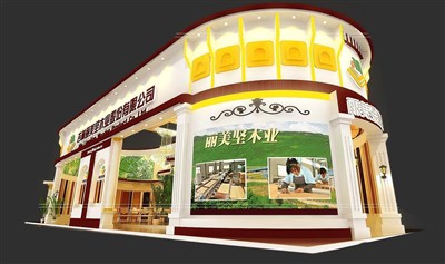 200平米展臺設計制作：三面開口/現(xiàn)代/木質結構/咖啡色，為建材展展商而作（免費使用）