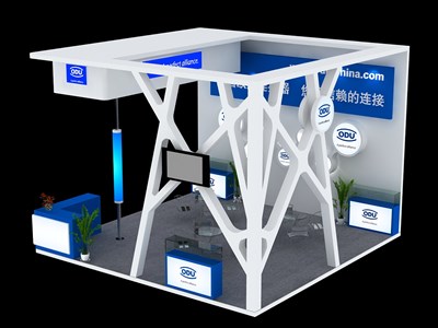 36平米展臺設計制作：三面開口/現(xiàn)代/木質(zhì)結構/藍色，為電子展展商而作（免費使用）