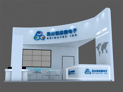 54平米展臺設(shè)計(jì)制作：三面開口/現(xiàn)代/木質(zhì)結(jié)構(gòu)/白色，為電子展展商而作（免費(fèi)使用）
