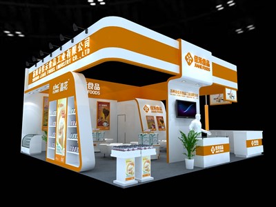 64平米展臺設(shè)計制作：三面開口/現(xiàn)代/木質(zhì)結(jié)構(gòu)/橙色，為食品展展商而作（免費(fèi)使用）