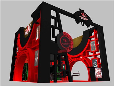 36平米展臺(tái)設(shè)計(jì)制作：三面開口/中式/木質(zhì)結(jié)構(gòu)/紅色，為食品展展商而作（免費(fèi)使用）