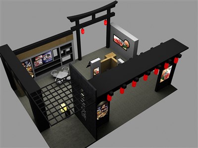 108平米展臺(tái)設(shè)計(jì)制作：四面開口/中式/木質(zhì)結(jié)構(gòu)/黑色，為食品展展商而作（免費(fèi)使用）