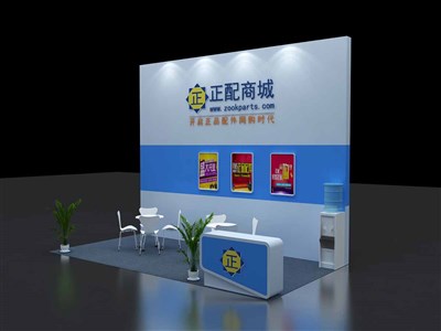 18平米展臺設(shè)計(jì)制作：二面開口/現(xiàn)代/木質(zhì)結(jié)構(gòu)/藍(lán)色，為汽配展展商而作（免費(fèi)使用）