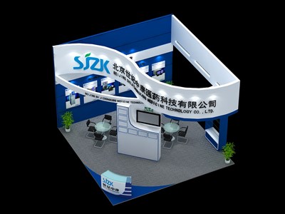36平米展臺設(shè)計制作：三面開口/前衛(wèi)/木質(zhì)結(jié)構(gòu)/藍(lán)色，為醫(yī)藥展展商而作（免費使用）