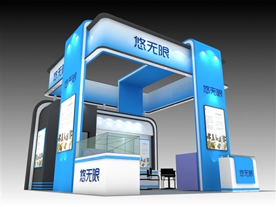 36平米展臺(tái)設(shè)計(jì)制作：三面開口/現(xiàn)代/木質(zhì)結(jié)構(gòu)/藍(lán)色，為食品展展商而作（免費(fèi)使用）