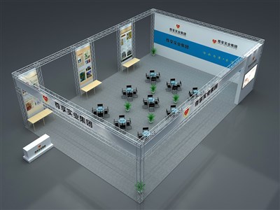 204平米展臺(tái)設(shè)計(jì)制作：三面開口/現(xiàn)代/桁架結(jié)構(gòu)/藍(lán)色，為綜合展展商而作（免費(fèi)使用）