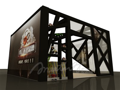 36平米展臺設(shè)計制作：三面開口/現(xiàn)代/木質(zhì)結(jié)構(gòu)/黑色，為成就招商展展商而作（免費使用）