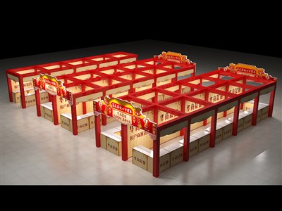 300平米展臺(tái)設(shè)計(jì)制作：四面開(kāi)口/現(xiàn)代/桁架結(jié)構(gòu)/紅色，為日用品展展商而作（免費(fèi)使用）