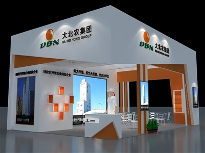 54平米展臺設計制作：三面開口/現(xiàn)代/木質(zhì)結(jié)構/橙色，為農(nóng)交會展商而作（免費使用）