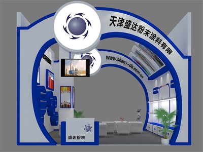 36平米展臺設(shè)計制作：二面開口/現(xiàn)代/木質(zhì)結(jié)構(gòu)/藍色，為建材展展商而作（免費使用）